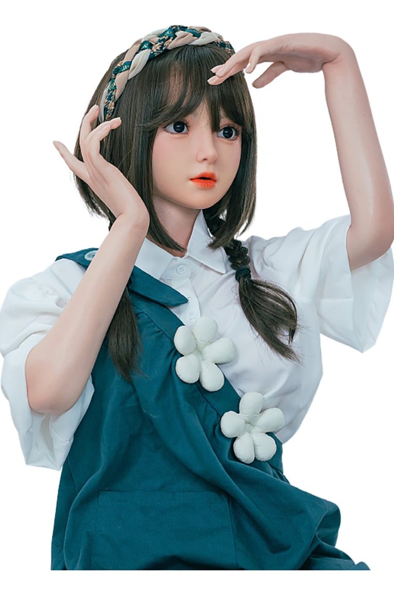 Doll with brown hair and school uniform, cute realistic sex doll with detailed facial features and apparel.